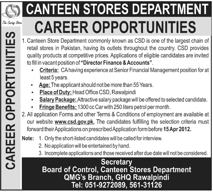 Canteen Stores Department (Govt) Jobs in Rawalpindi, The News on 11Apr